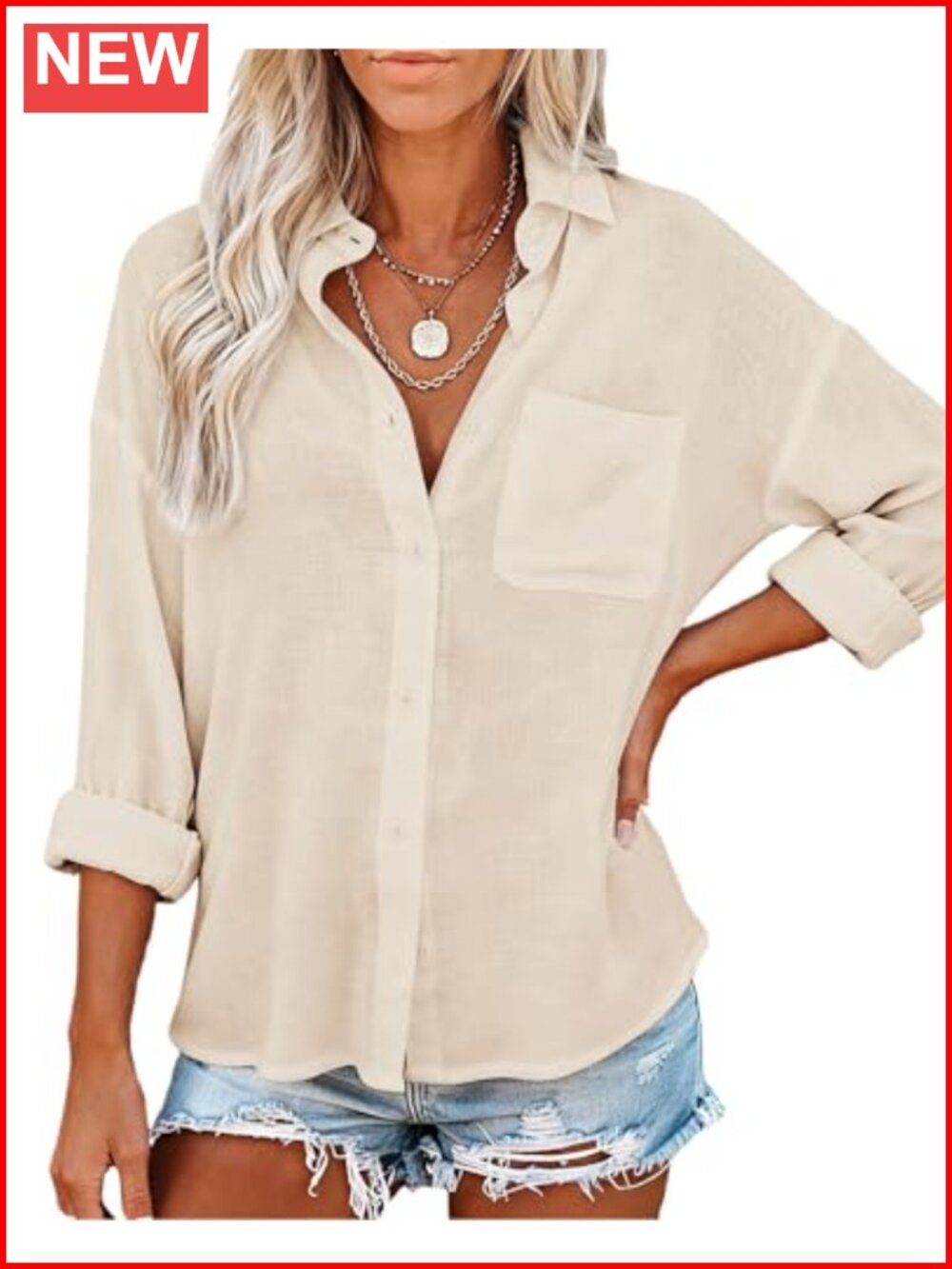 Womens 100% Cotton Button Down Shirt Long Sleeve Loose Fit Blouse